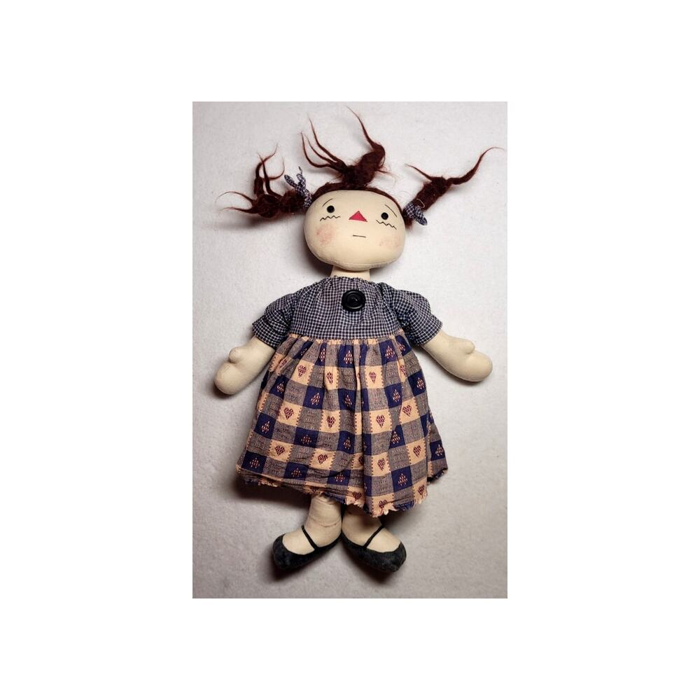 Vtg Style Primitive Rag Doll Yarn Hair Heart Grid Dress Bloomers Folk Art 14.5"